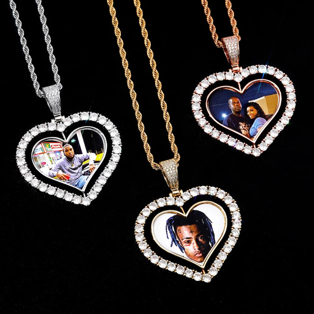 RubySub Hip Hop Heart Bling Double Sides Rotating Sublimation Necklace Sublimation Jewelry Necklace