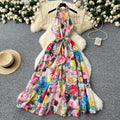 LW0850 Holiday Style Dress for Women 2025 Spring Dress With Halter Sleeveless Waist Print Chiffon Long Dresses for Ladies