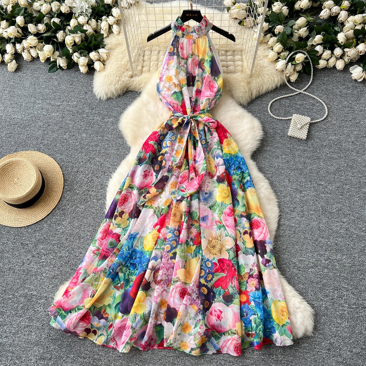 LW0850 Holiday Style Dress for Women 2025 Spring Dress With Halter Sleeveless Waist Print Chiffon Long Dresses for Ladies
