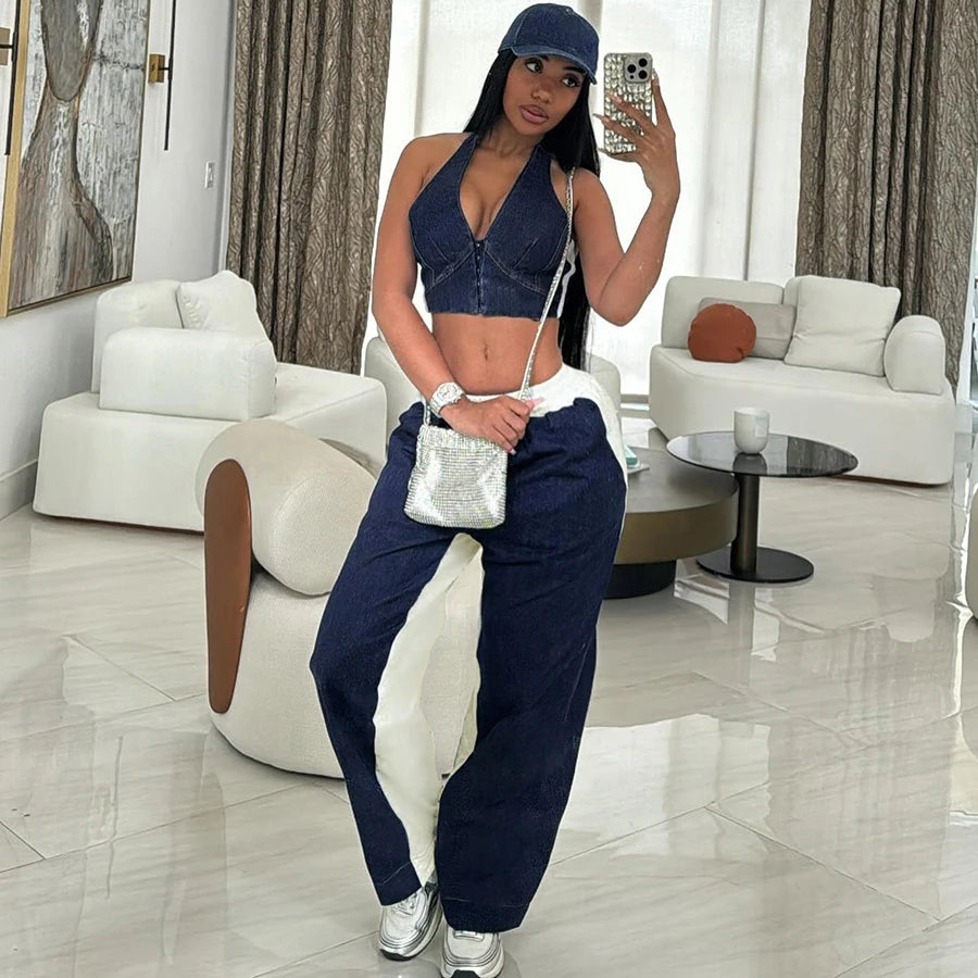 Kliou K24S55290 Casual 2 Piece Set Women v Neck Halter Tops+flare Pants Women's Sets Streectwear Outfits