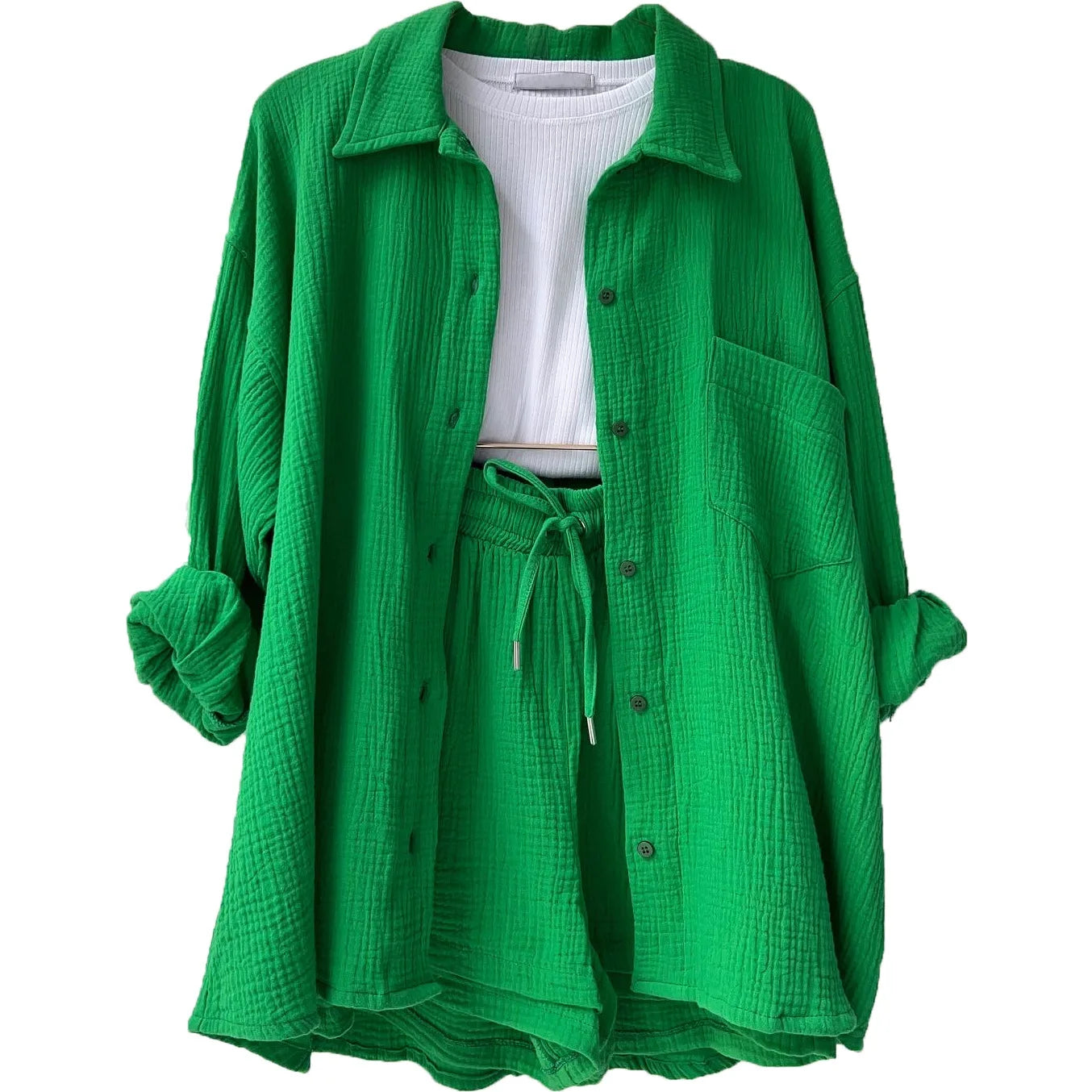 Casual Sleepwear Two Piece Set Pajamas for Women Turn-Down Collar Sleep Tops Suits With Shorts Gauze Cardigan Homewear Summer