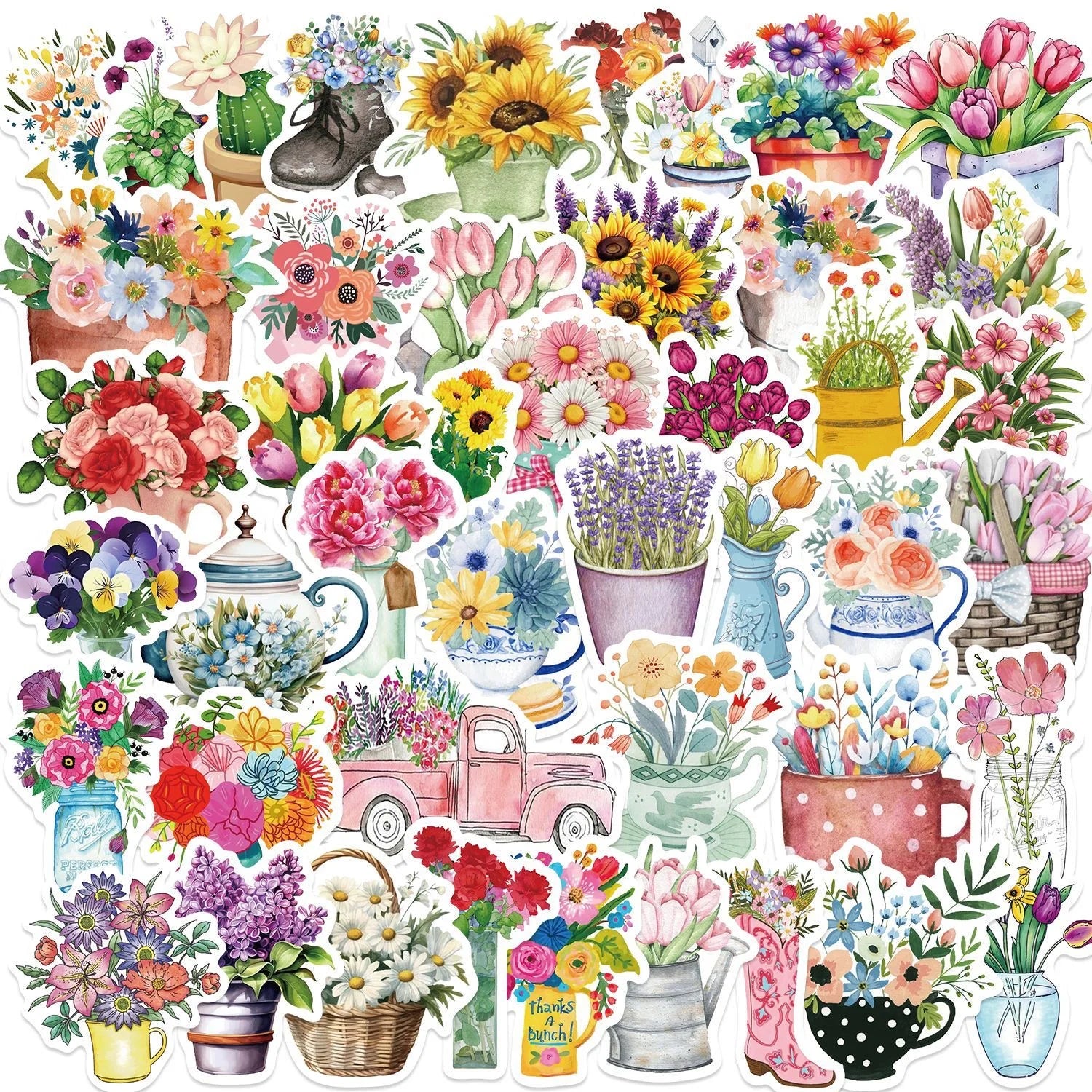 50pcs Ins Flower Waterproof PVC Graffiti Decorative Sticker Packs for Bottle Luggage Notebook Cup Phone Laptop Helmet