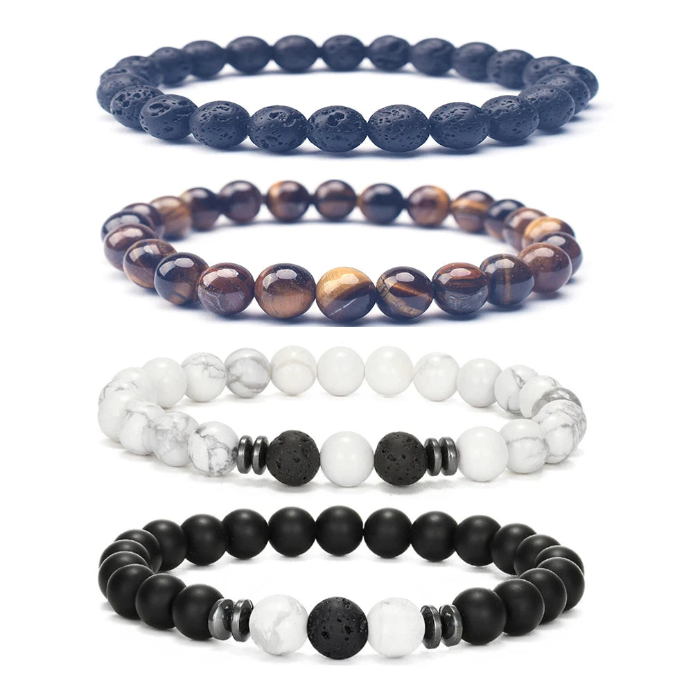 8MM Geometric Tiger Eye Natural Stone Beads Lava Rock Black Crystal Beaded Bracelet Set Stretch Unisex Trendy Gift