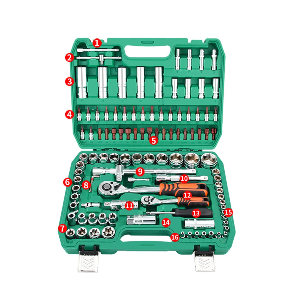 72T 1/2 1/4 Socket Ratchet Wrench 108Pcs Car Repair Tool Set Hand Maintenance Kits Universal Joint Accessory Cr-V OEM Box