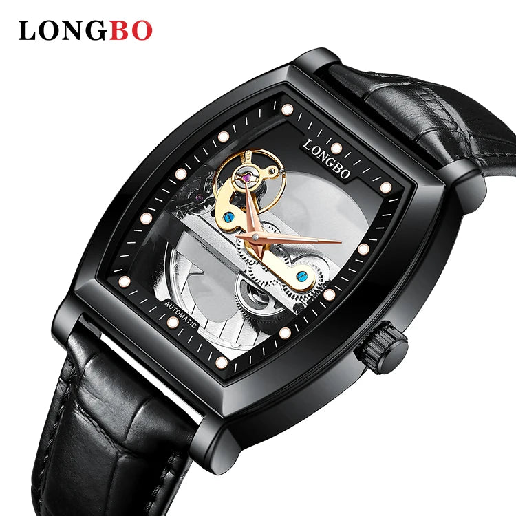 LONGBO Best Looking Original Watches for Men Leather Band Full Hollow Back Transparent Mechanical Watch Water Resistant