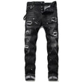 Fitspi Men's Skinny Jeans Hole Patch Stretch Paint Splash Black Stitching Pants European American Trousers