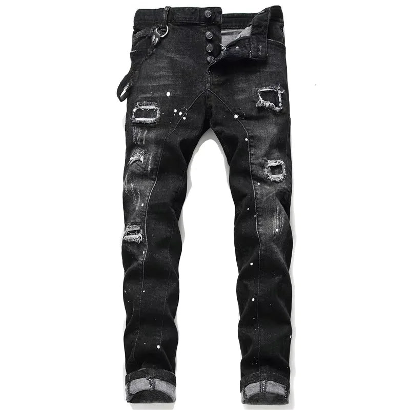 Fitspi Men's Skinny Jeans Hole Patch Stretch Paint Splash Black Stitching Pants European American Trousers