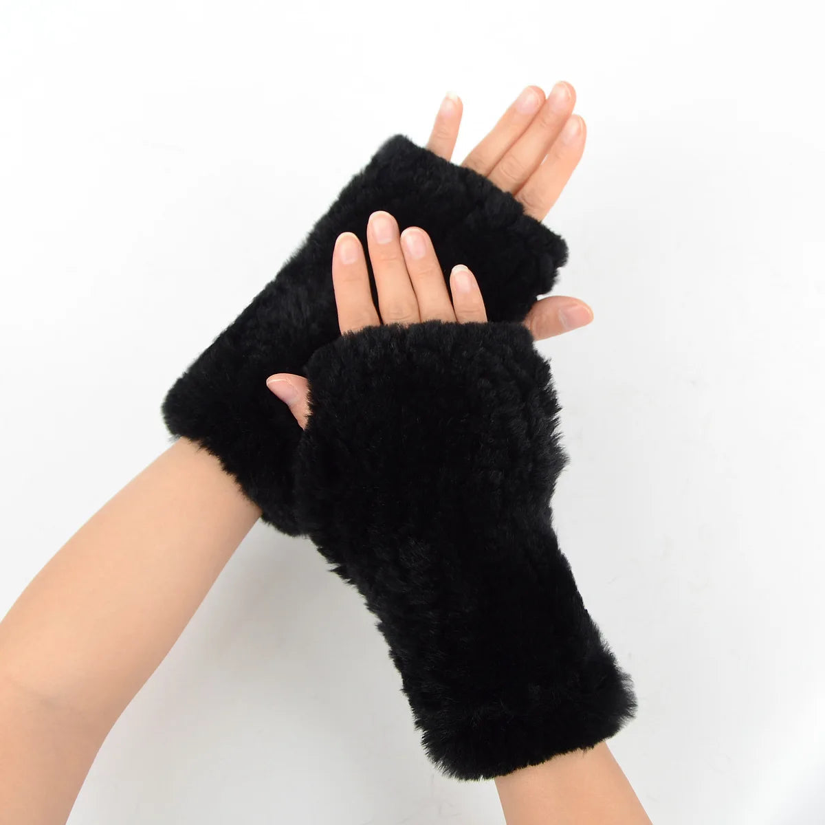 Wholesale Women's Winter Gloves Real Rex Rabbit Fur Braided Half-finger Warm extra Thick Leaky Finger Fur Gloves