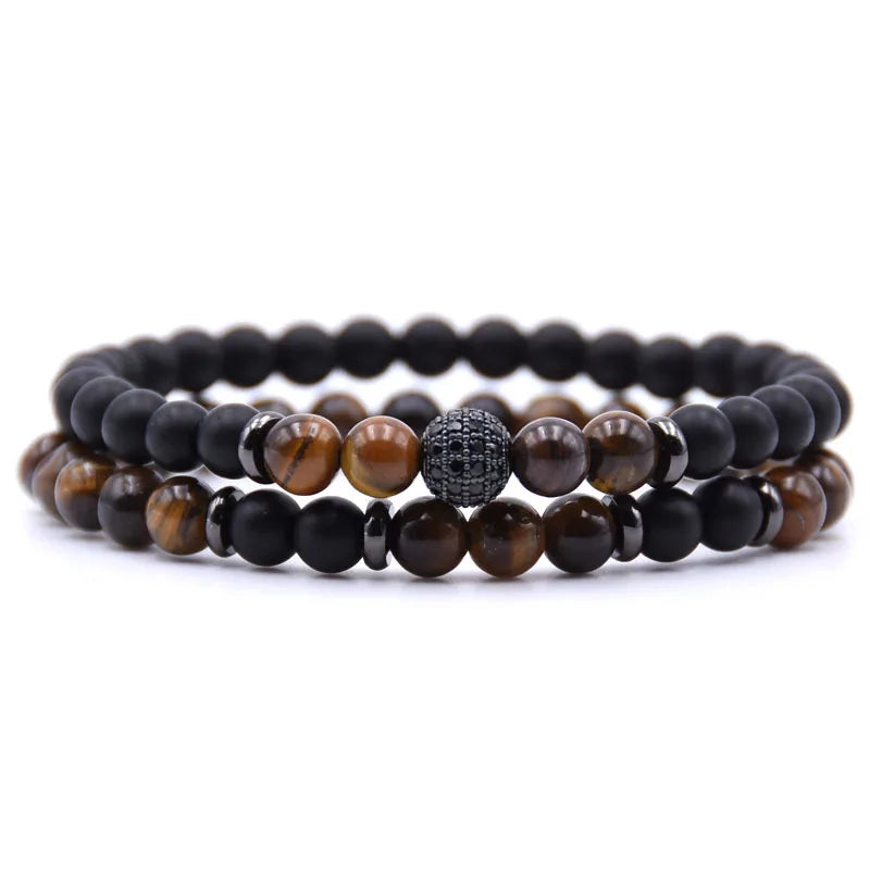 Luxury Natural Universe Gem-stone Genuine Stone Black Zircon Bead Charm Bracelet 2pcs Pack 6mm Elastic Cord Bracelets Jewelry