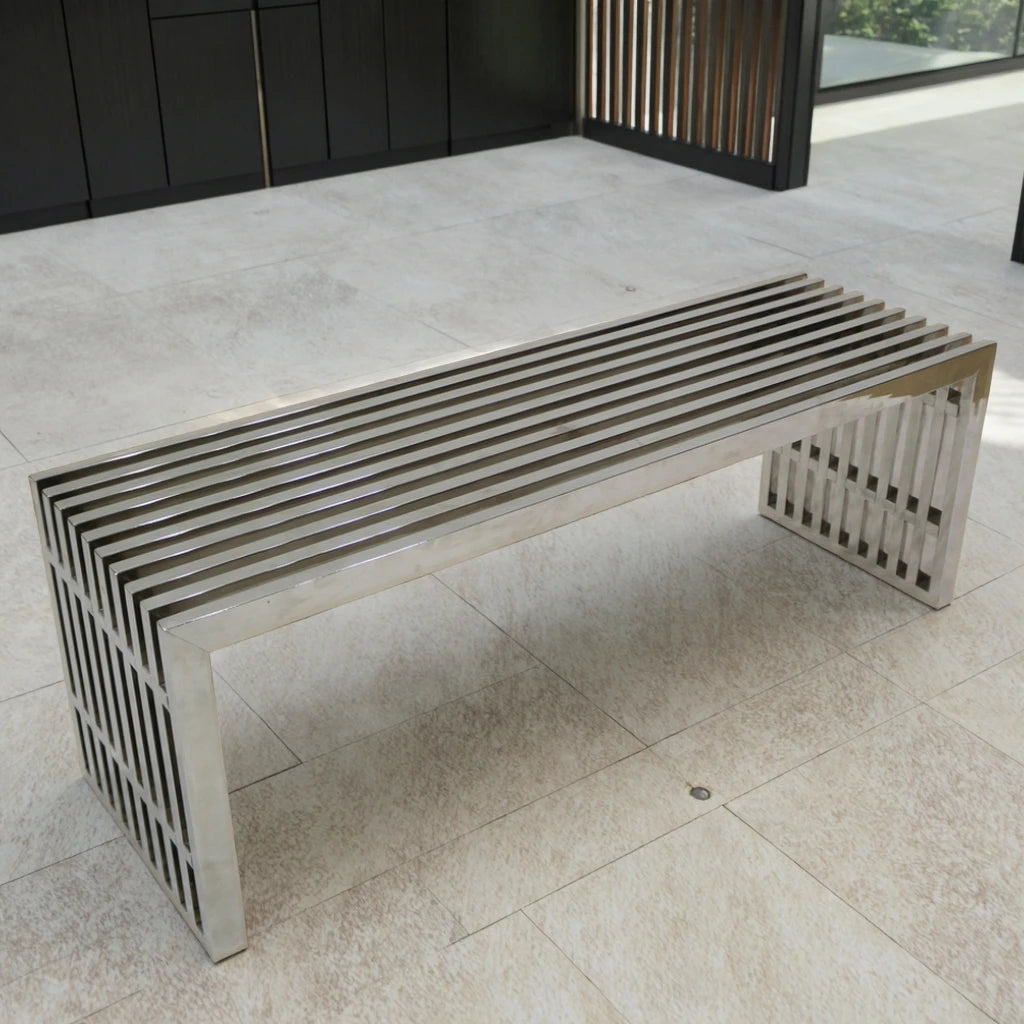 Contemporary Metal Slat Bench Durable Polished Stainless Steel Furniture for Office Mall and Urban Interiors