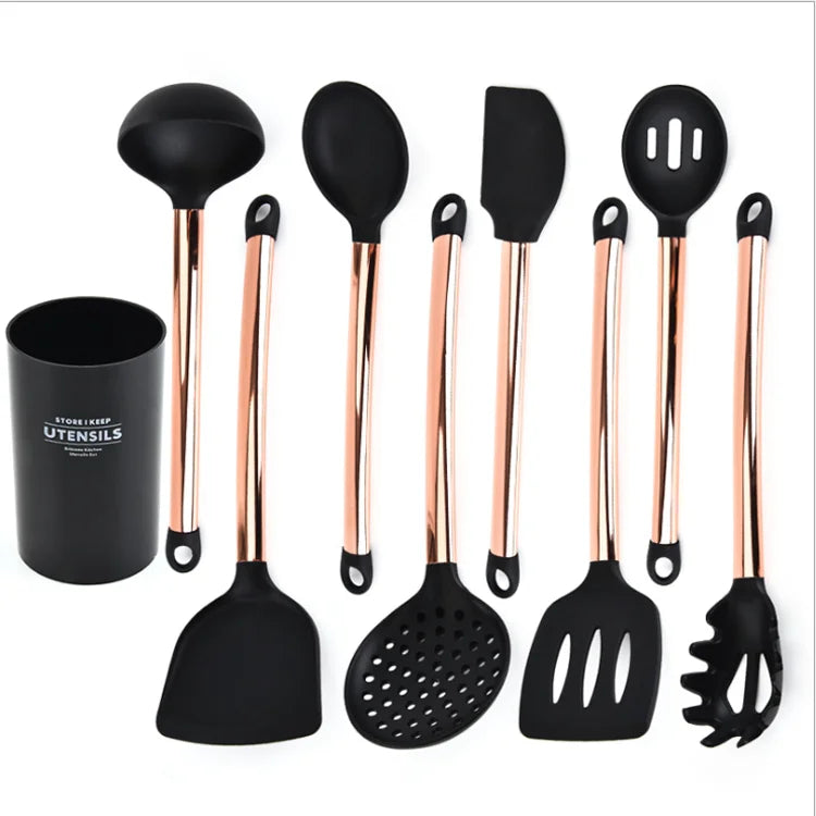 Stainless Steel Gold Handle 9 Pieces Silicone Cooking Utensils Kitchen Spoon Turner Set with Stand Holder