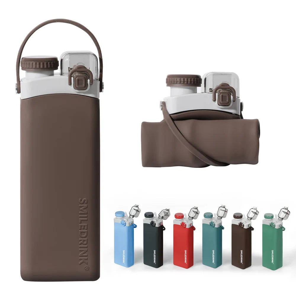 2024 New Coffee Color 600ml BPA Free Food Grade Silicone Collapsible Leakproof Reusable Portable Travel Water Bottle with Straw