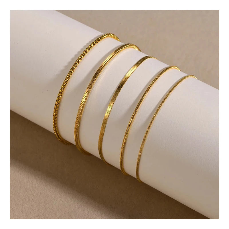 Fashion Waterproof Stainless Steel Thin Chain Gold Plated Herringbone Chain Flat Snake Bone Chain Bracelet for Men Women