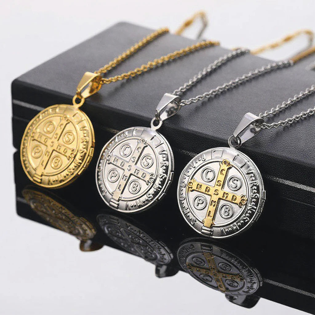 Religious San Benito Cross Medal Necklace Stainless Steel Saint Benedict