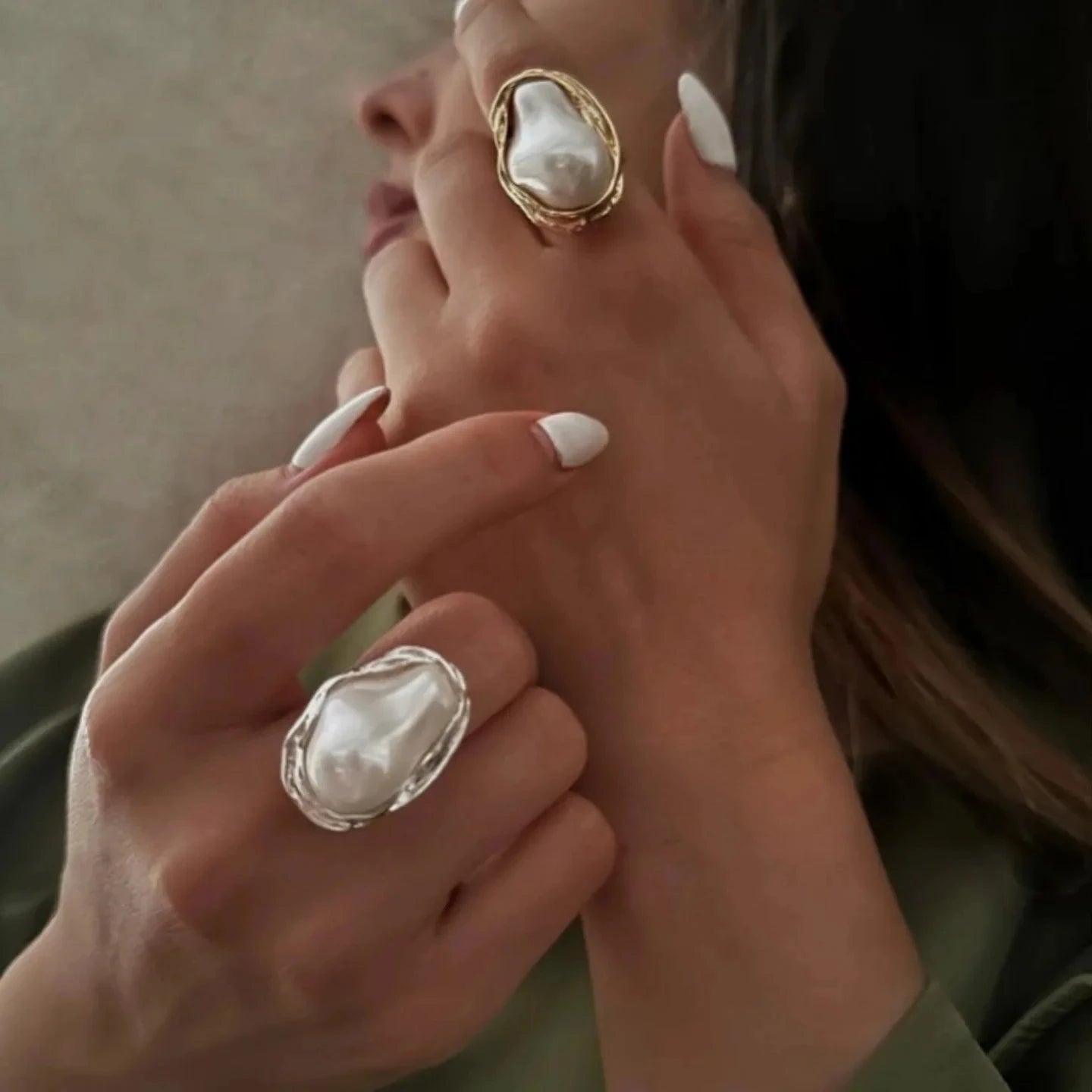 J&D Elegant Style Steel Gold Colored Irregular Resin Pearl Fine Grain Polished Open Ring