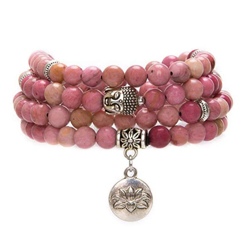 New Design108 Mala Yoga Lava Stone Necklace&Bracelet Buddhist Lotus Charm Genuine Gemstone Multi Layer Prayer Beads Bracelet