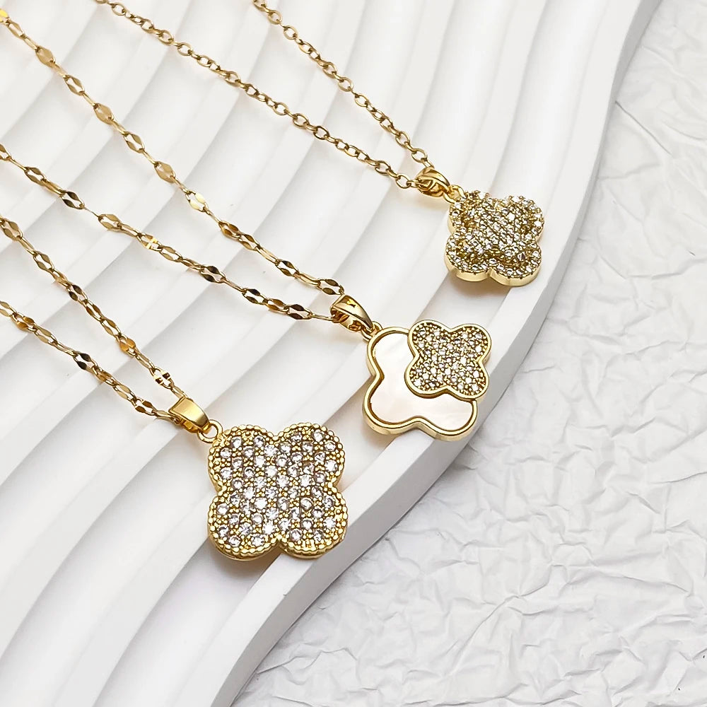 Women's Hot Sale Elegant Trendy Stainless Steel Gold Four-leaf Clover Shape No Fade Gold Necklace