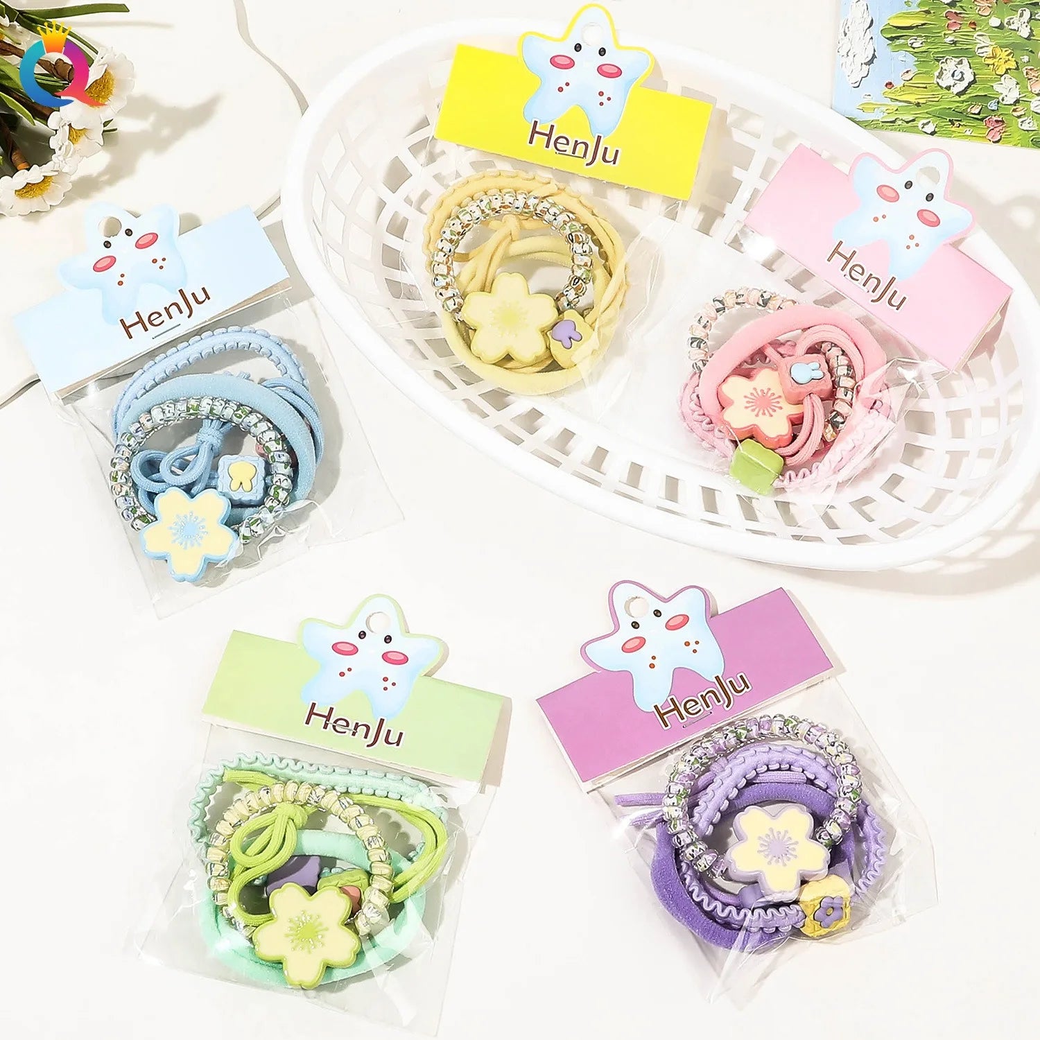 QIYUE Spring and Autumn Hair Rope Colorful Rubber Band High Stretch Ponytail Bag Headband Candy Color Flower Headband
