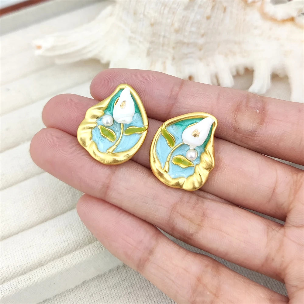 French Oil Painting Style Real Baroque Freshwater Pearl Pendant Elegant Flower Rectangle Earrings Gold Stud for Birthday Gifts