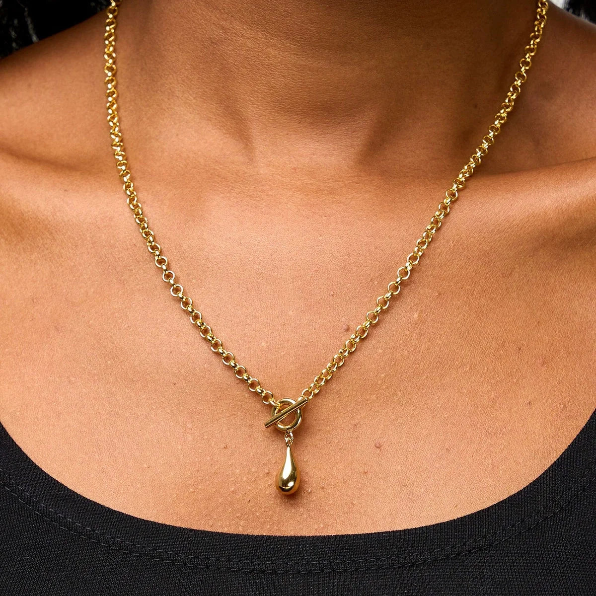 18k Gold Stainless Steel Smooth Waterdrop Pendant OT Clasp Necklace Modern 51cm