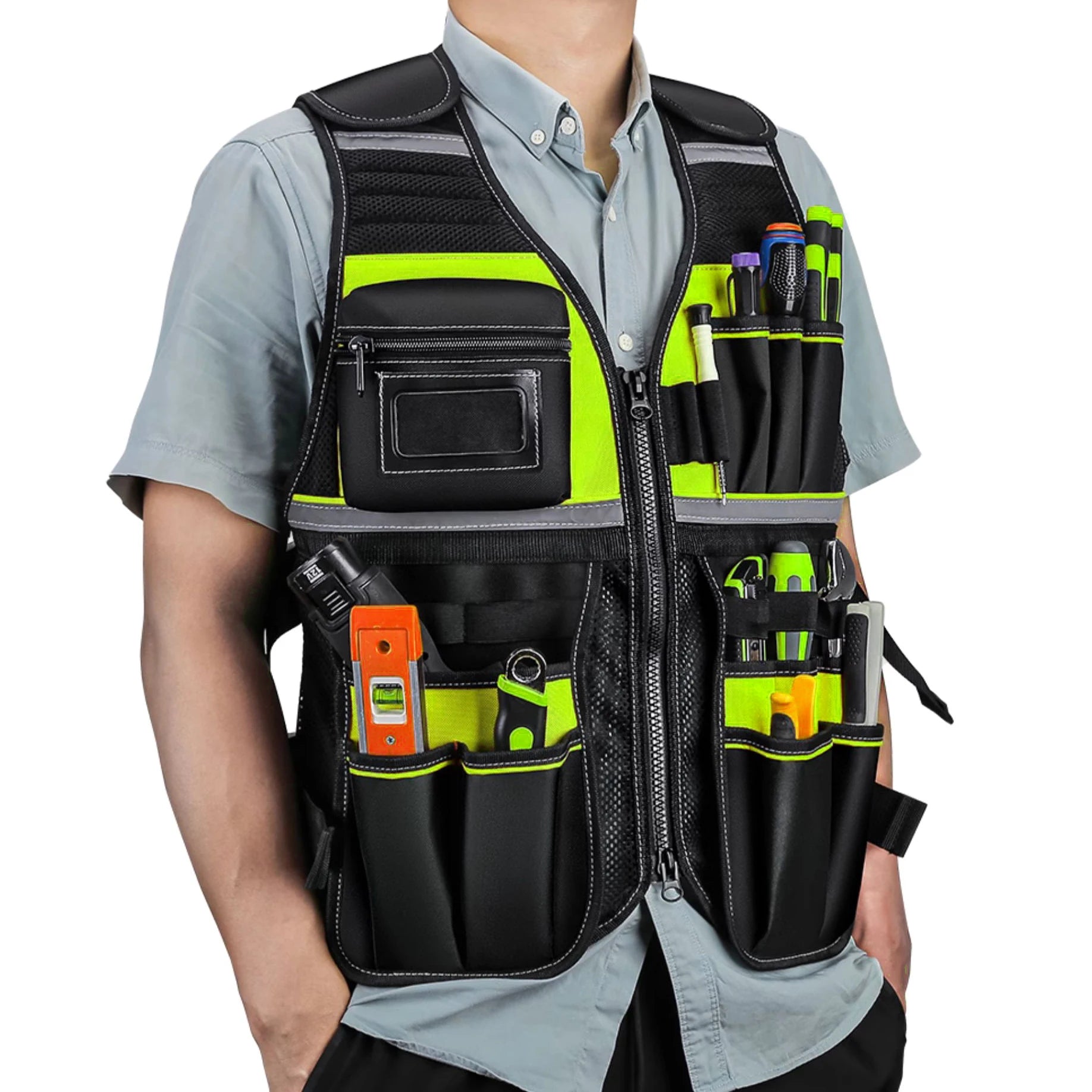 Allround Heavy-Duty Electricians Work Tool Vest Multi-Pockets Reflective Safety Vest Waterproof Zipper OEM Customizable Workwear