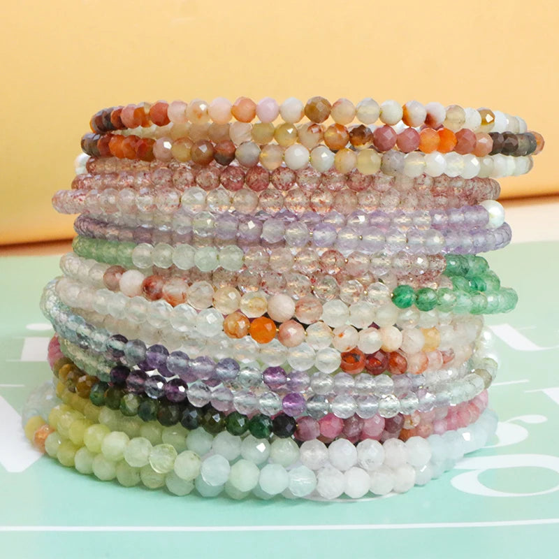 3mm Natural Fashion Faceted Gemstone Beads 3 Lines Crystal Pearl Bangle Bracelet Jewelry for Women Accessories