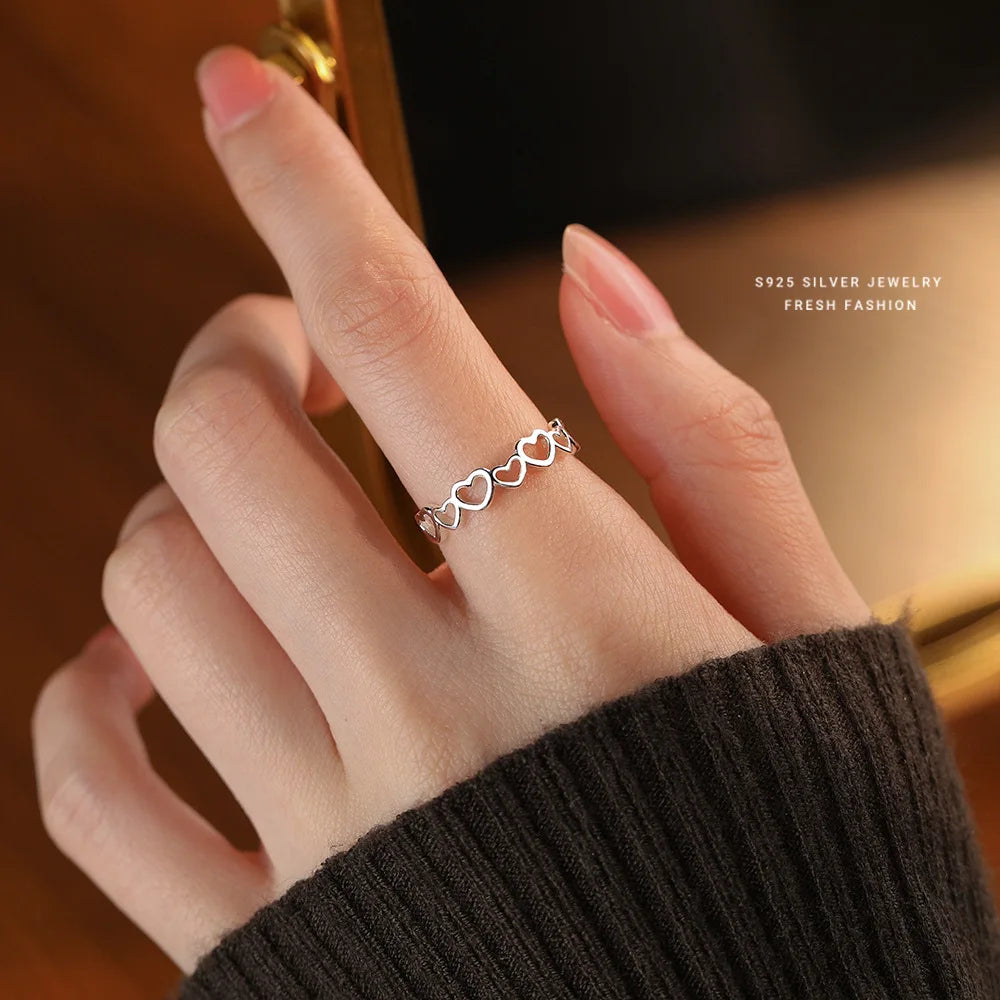 Fashion Personality Simple Adjustable Rings S925 Sterling Silver Hollow Out Heart Shape Open Rings for Daily Parties