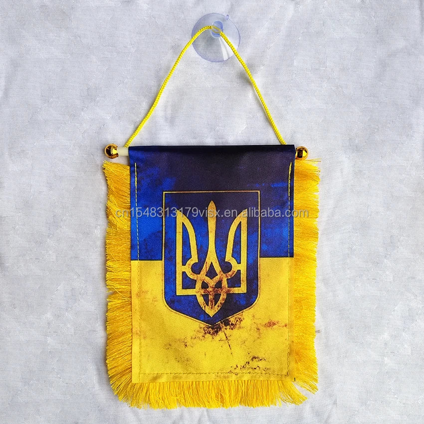 Small 4x6 Inches Eco-Friendly Polyester Satin Printed Ukraine Flag Mini Car Pennant with Suction Cup for Vehicle Use