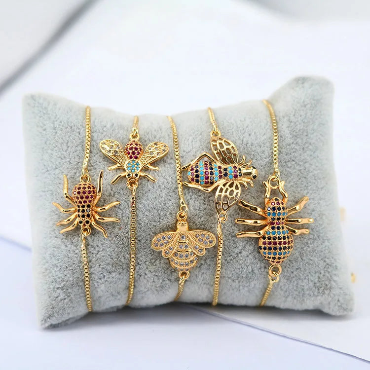 BC1271 Fashion Adjustable Insect Charms Bracelets Gold Plated CZ Micro Pave Ladybug Spider Honey Bee Charm Bracelets for Gifts