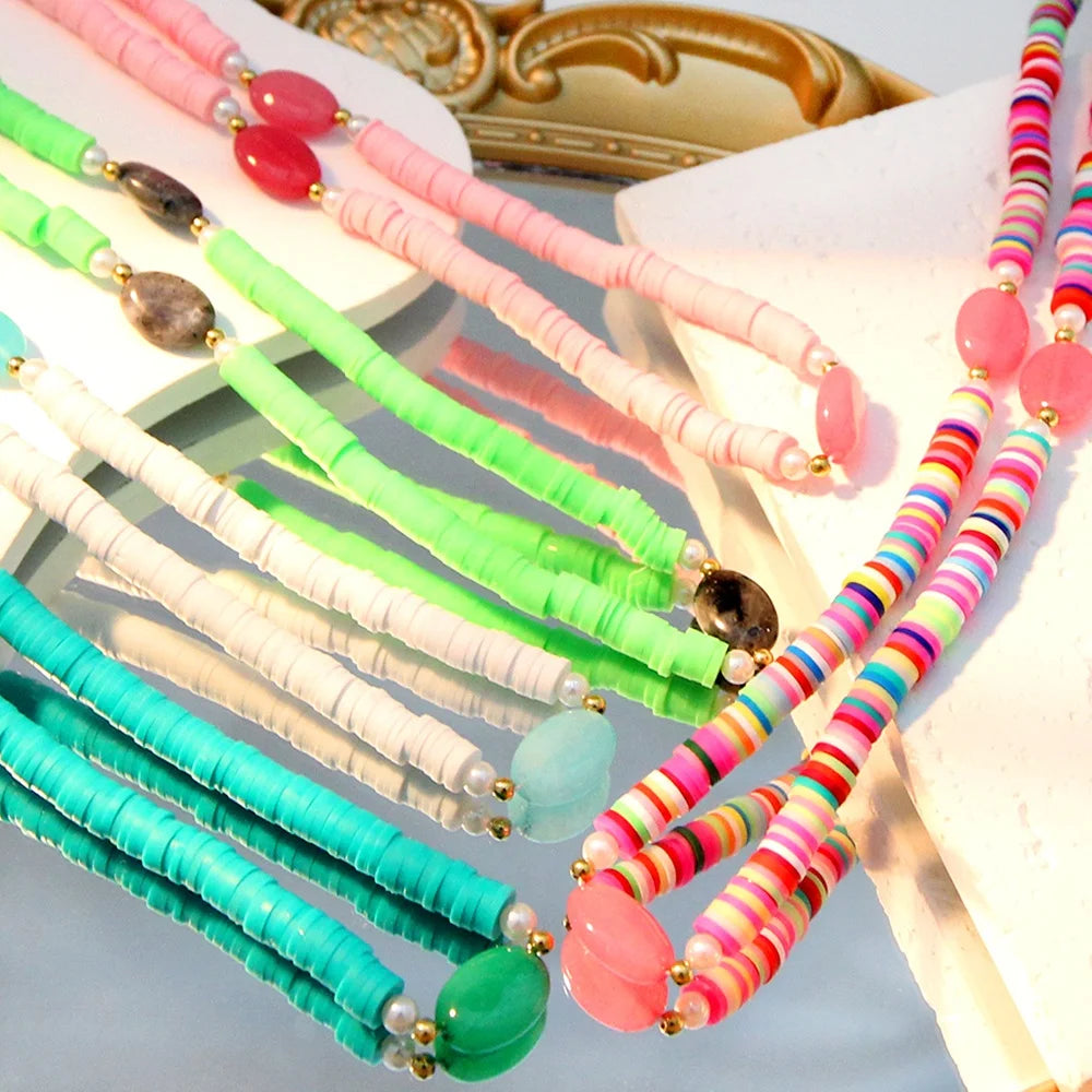 2023 Summer Boho Fashion Choker Necklace Jewelry DIY Colorful Polymer Clay Beaded Natural Stone Charm Necklace for Women Jewelry