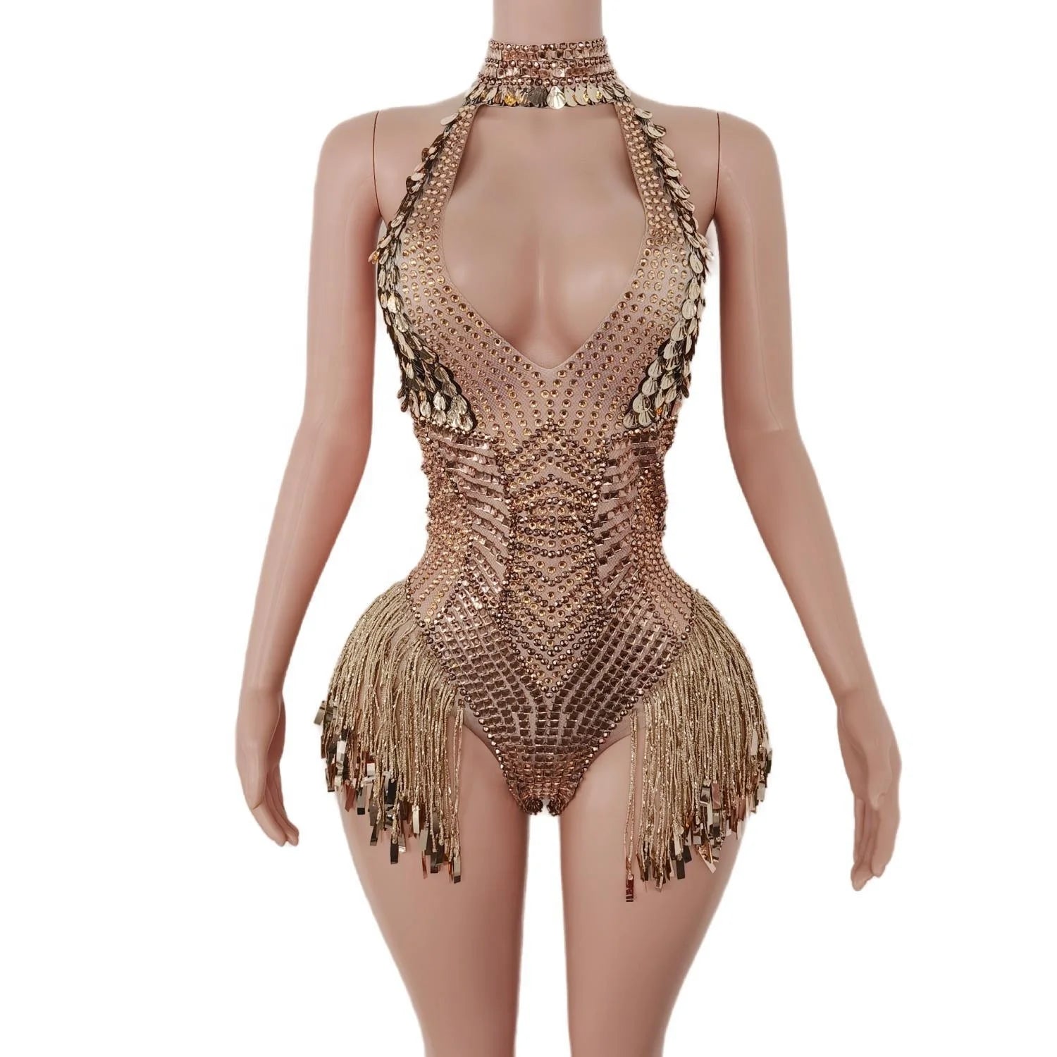 Sexy Gold Tassel Rhinestone One Piece Short Jumpsuit Club Rompers Stage Dancer Costume Women Sleeveless Sequin Spandex Bodysuit