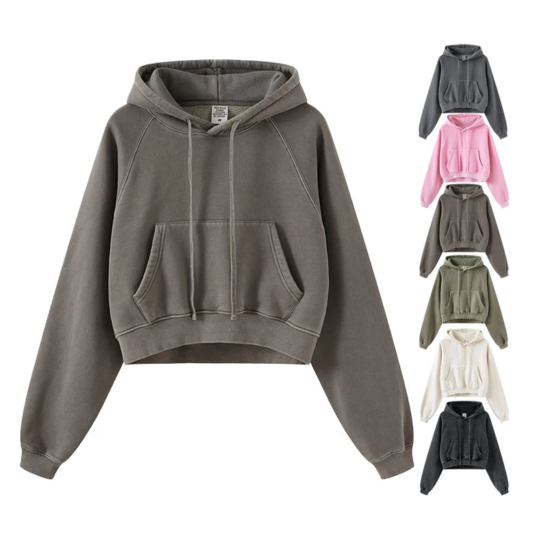 Autumn/Winter Europe and the United States Hot Girls Shoulder Vintage Wash and Fleece Hoodie Women's Short Hoodie