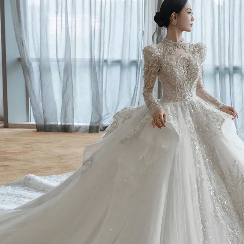 Wholesale AL1326 2025 New French Court Style Luxury Wedding Dress Super Heavy Work Large Long Sleeve Champagne Lace Plus Size