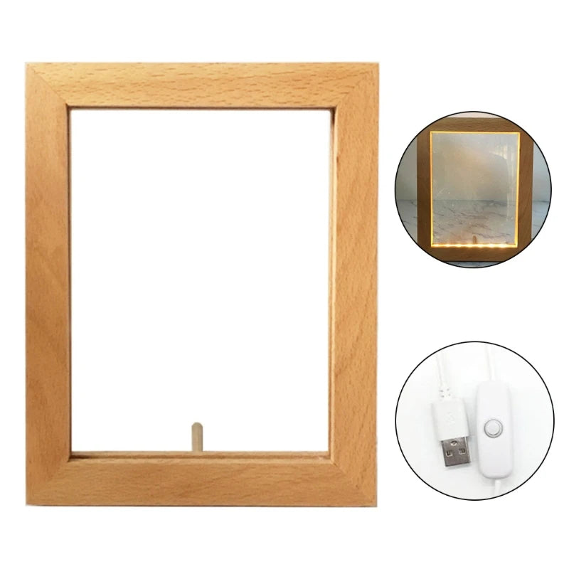 Solid Wood DIY Luminous Picture Frame with Small Night Light Desktop Wooden Craft for Gift Decorations & Wall Signs