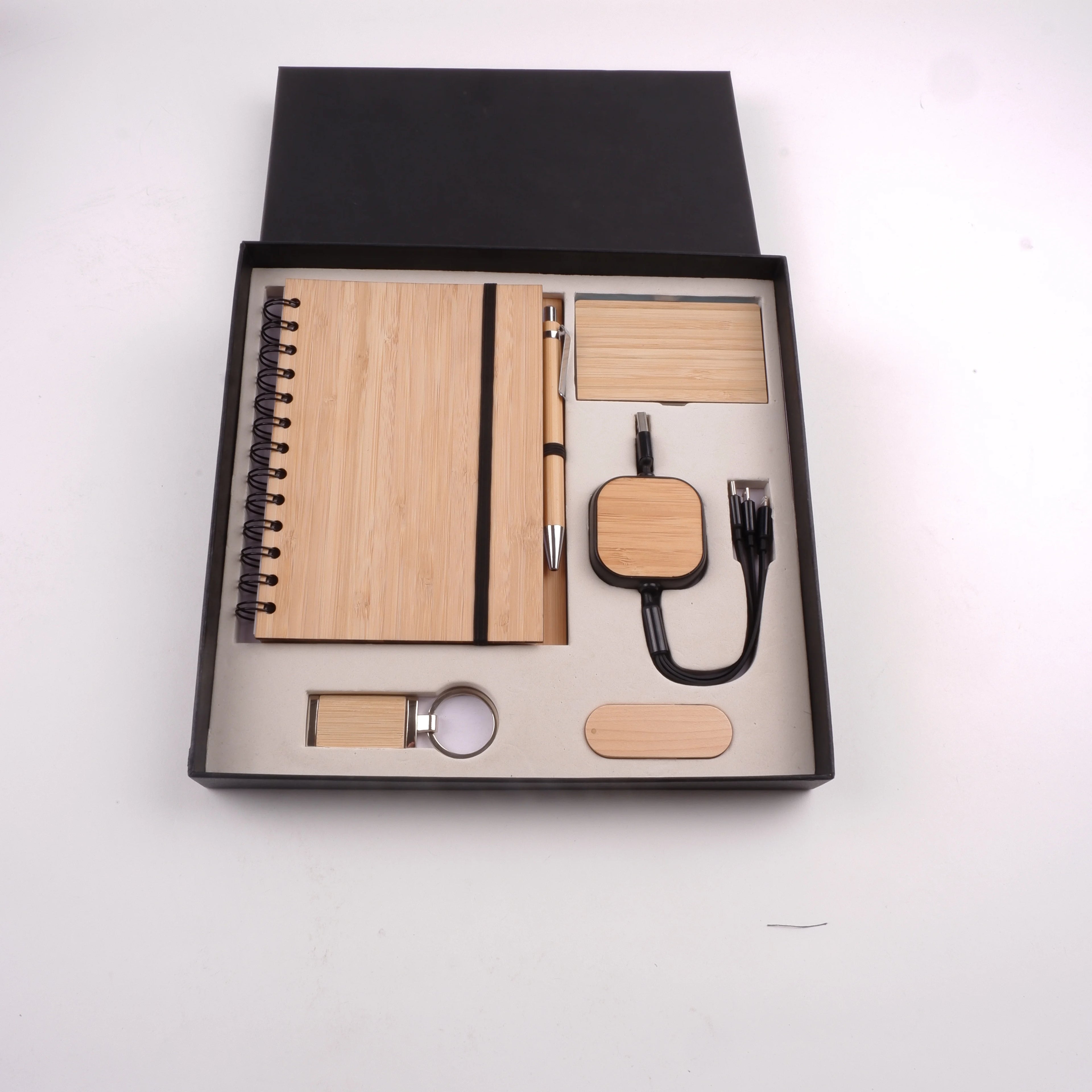 Stock Custom logo Business Wood Notebook Gift Box Set 2025New High Bamboo Gift Set 6 in 1 Promotional Item Corporate Luxury Sets