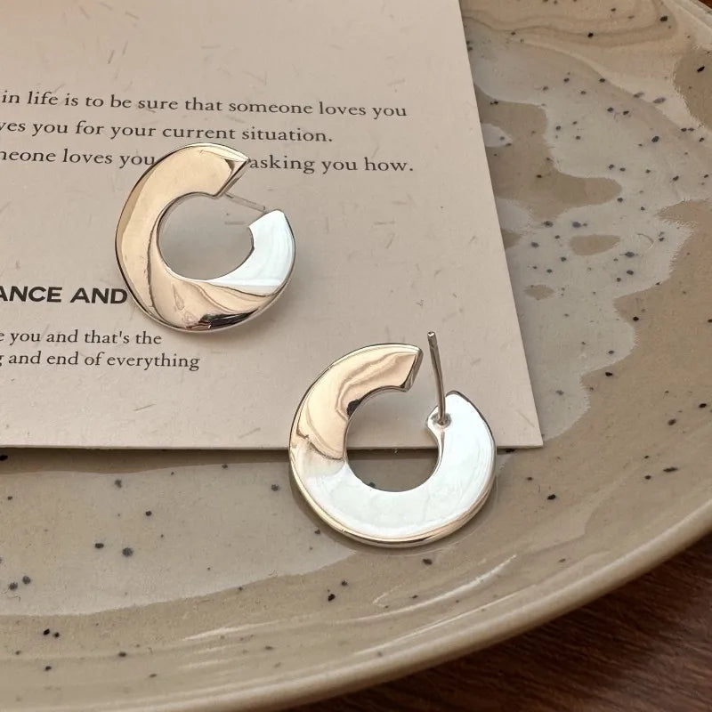925 Sterling Silver Geometric Smooth Round Shape Stud Earrings for Women Korean Style Jewelry