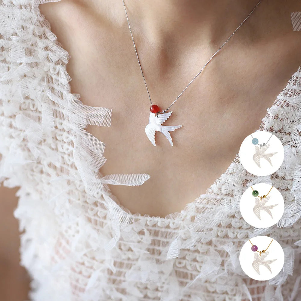 Wholesale Custom 18K Gold Plated Thin Chain Agate Amethyst Natural White Shell Flying Bird Pendant Necklace Party Trendy