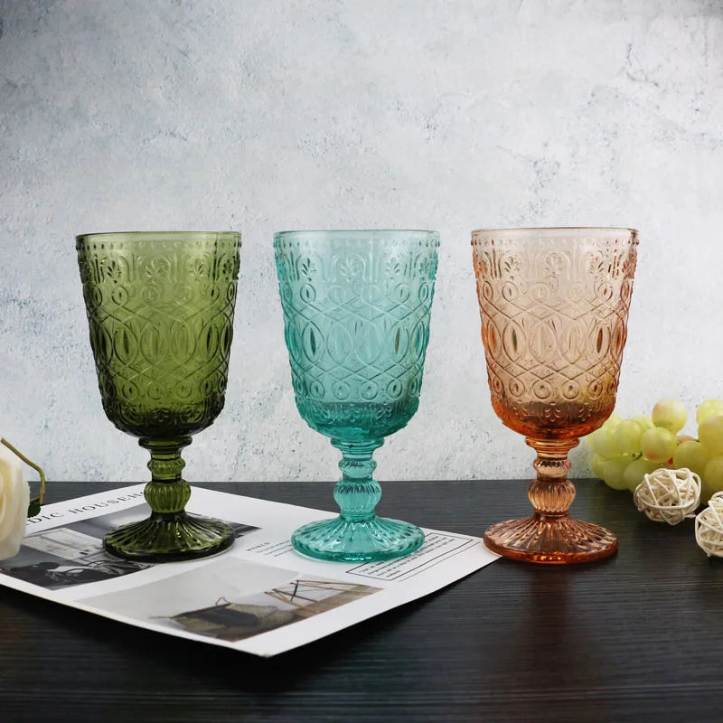 Vintage Embossed Colorful Glass Wine Goblets 9oz Ornate Pressed Drinking Glasses for Wedding Party Reception Dinner Table Decor