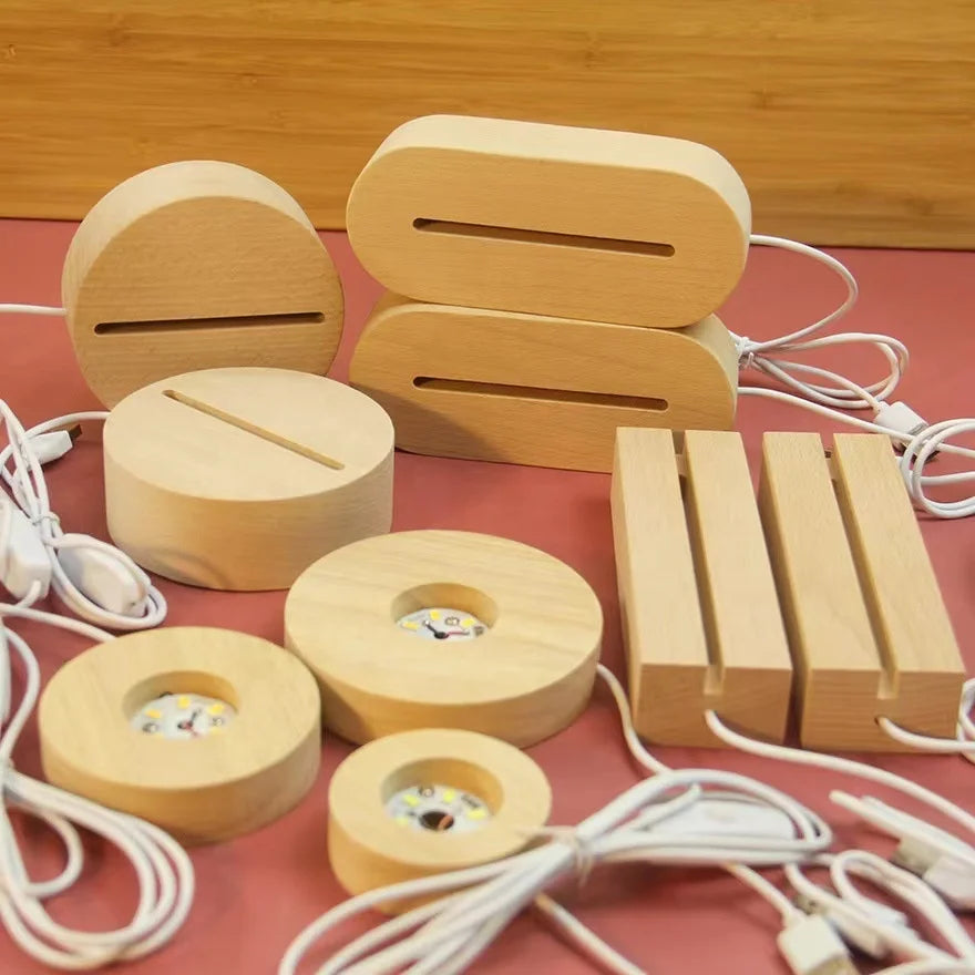 Solid Wood Luminous Base Wooden LED Crystal Lamp Holder USB Interface Nightlight Crafts Factory Wholesale