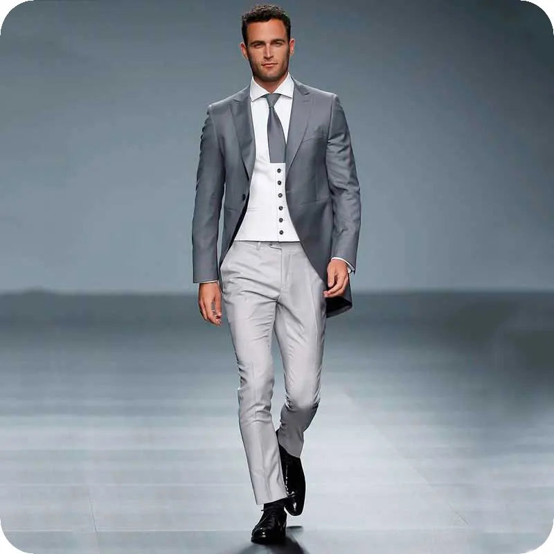 2025 Latest Design Costume Homme Grey Tailcoat Men Suits for Wedding Groom Suit Party Groom Tuxedos Prom 3 Pcs Blazer Sets