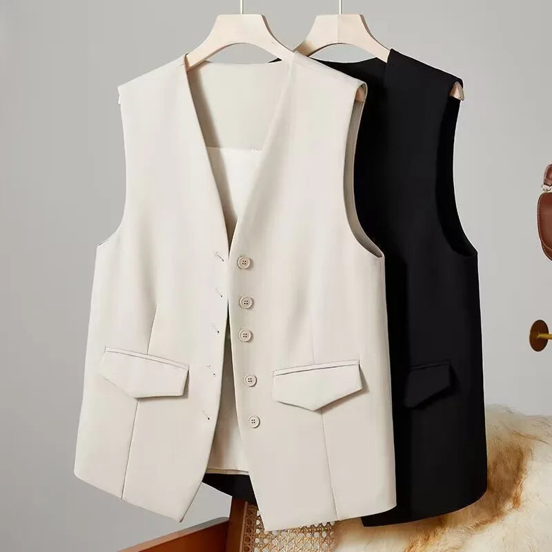 Women Loose Solid Color V Neck Suit tank Top Spring Fall Jacket Ladies Sleeveless Cardigan Outer Vest New Women's Clothing S-3XL