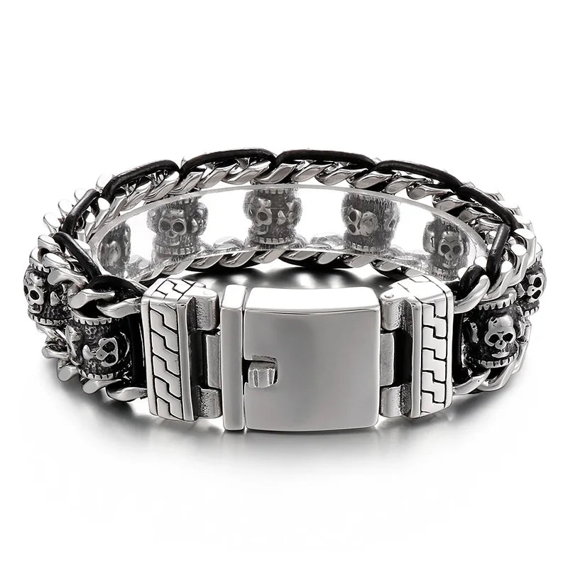 KALEN Mens Stainless Steel&Cowhide Link Bracelet With Punk Skull Pattern Charms