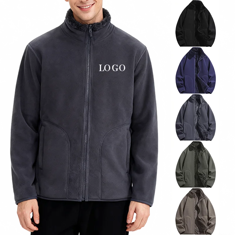 Men's Polar Fleece Reversible Velvet Fleece Stand Collar Zipper Solid Coat Winter Outerwear Jacket Custom Fleece Jacket