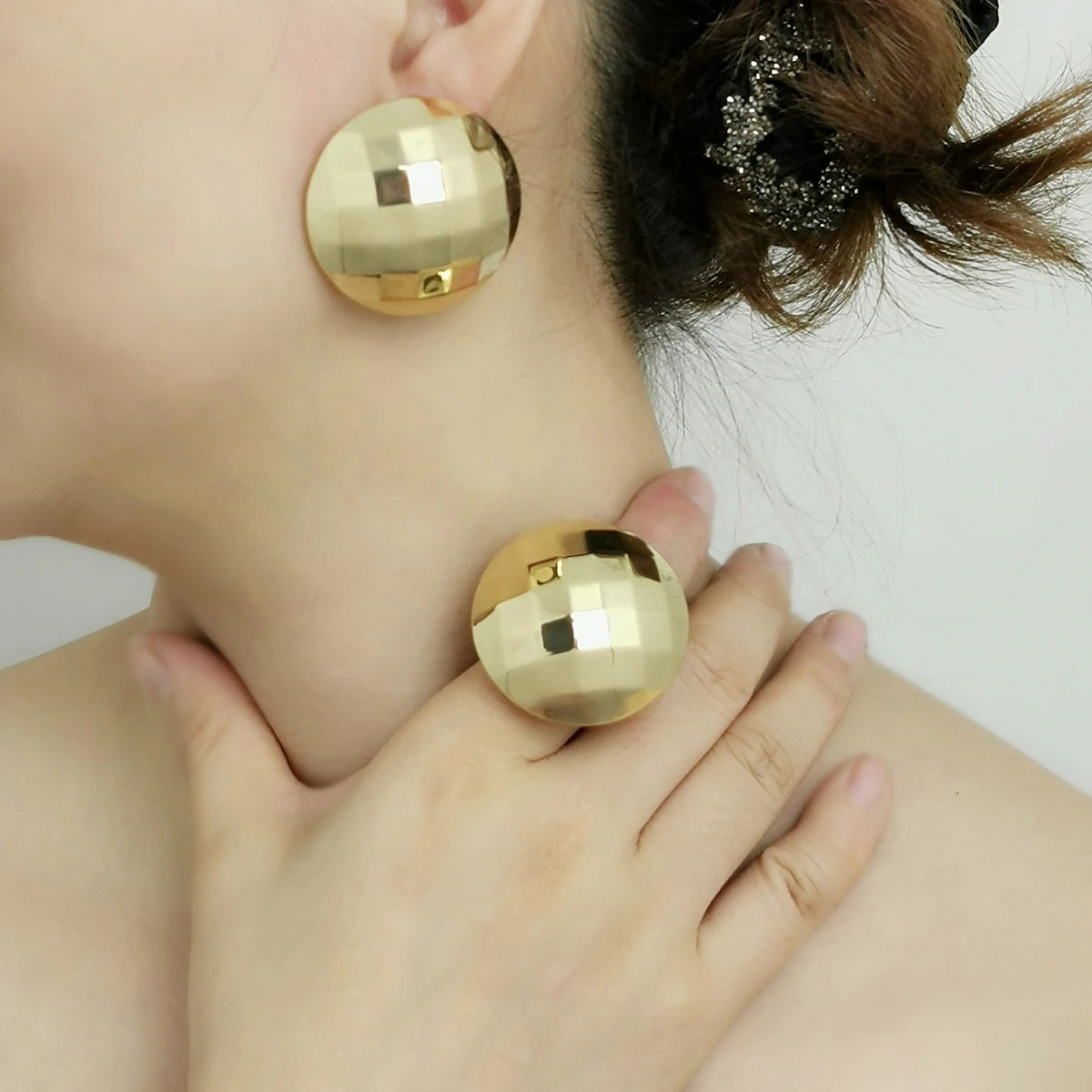 Classic Round Shape Big Alloy Stud Earrings Ring Sets Women Statement Jewelry Fashion Ear Accessories Party