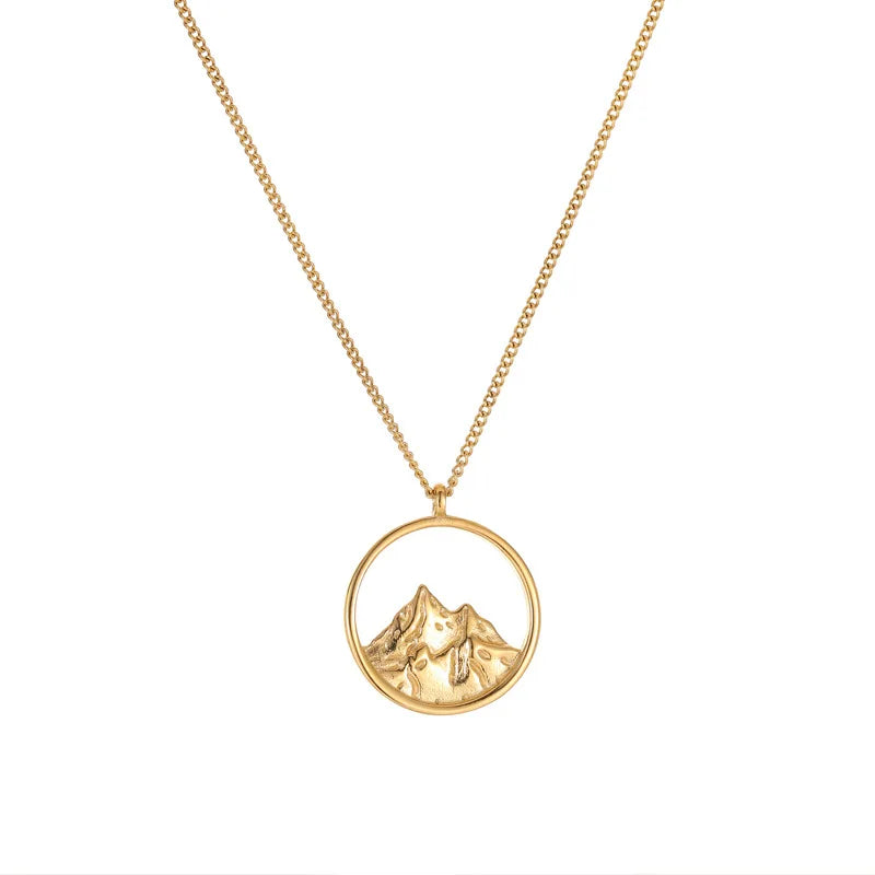Best Gift Stainless Steel Scenery Mountain Sea Pendant Gold Plated Round Couple Necklace Jewelry