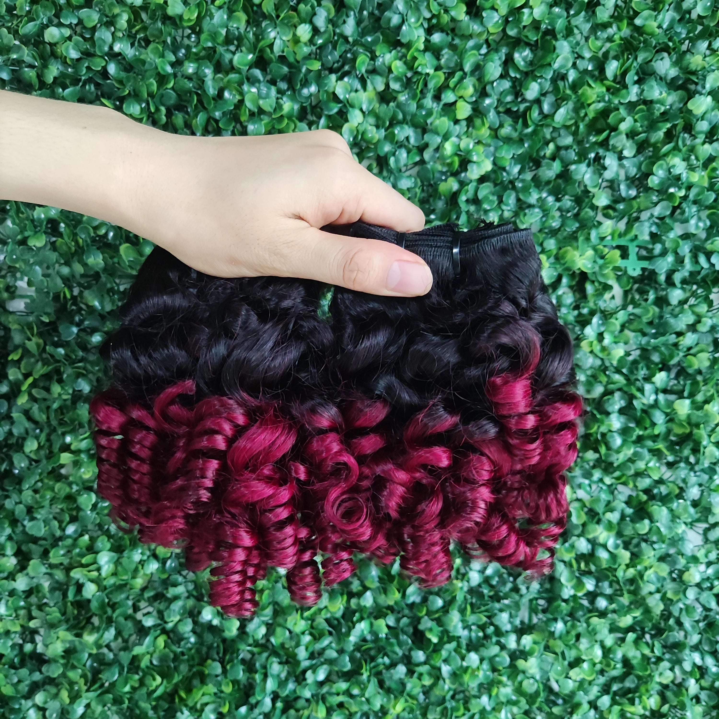 Double Drawn Ombre Color 1b/99j Burgundy Egg Curly Fumi Curl Peruvian Virgin Cuticle Aligned Human Hair Weave Bundles