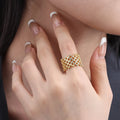 Chris April in Stock Fashion Jewelry 316L Stainless Steel Lacy Zircons Paved Gold Plated Hollow Out Band Rings