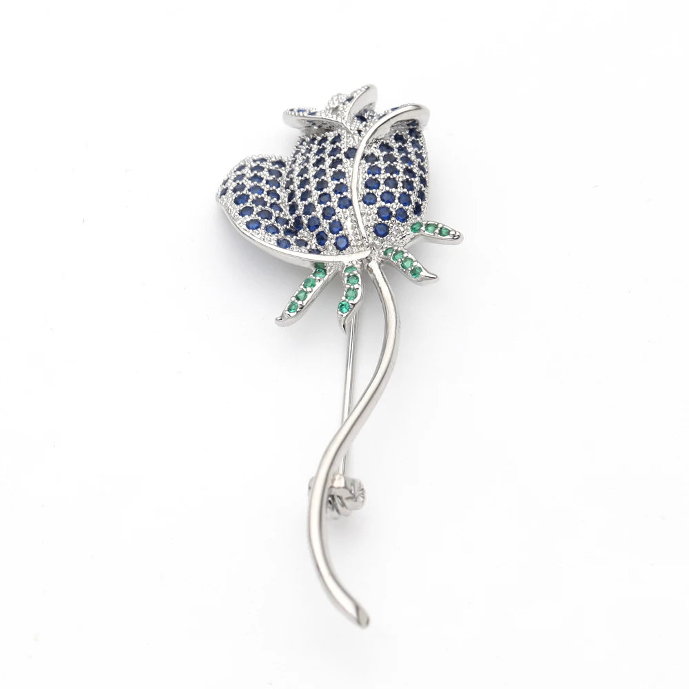 Trendy blue rose flower brooch pin for women crystal wedding luxury brooch for ladies silver diamond cubic zircon
