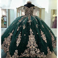 Emerald Green Off the Shoulder Crystal Ball Gown Appliques Lace Corset Sweet 15 Vestidos De Quinceanera Dresses MQ719