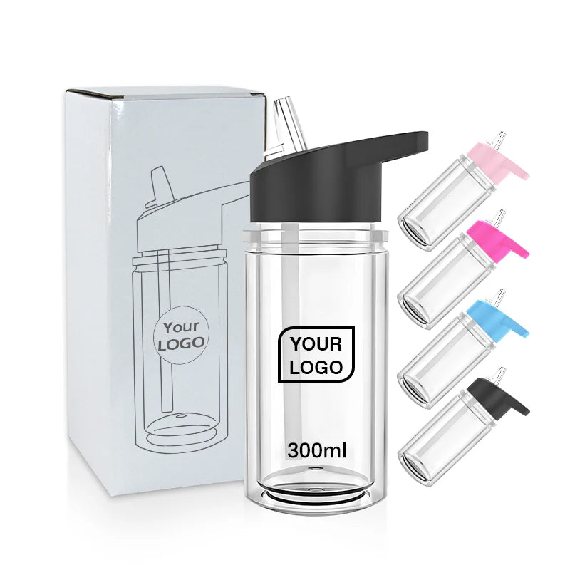 USA Double Wall 300ml 10oz Double-layer Plastic Cup Sport Lid Uv Dtf Flask clear and Colored Water Bottle with Handle and Straw